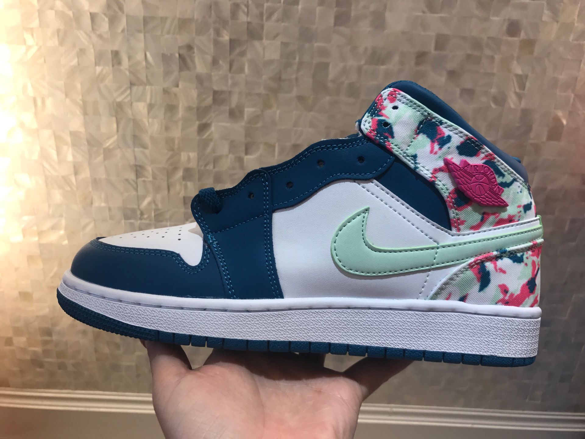 Air Jordan 1 Mid White Blue Flor Red Shoes For Women - Click Image to Close